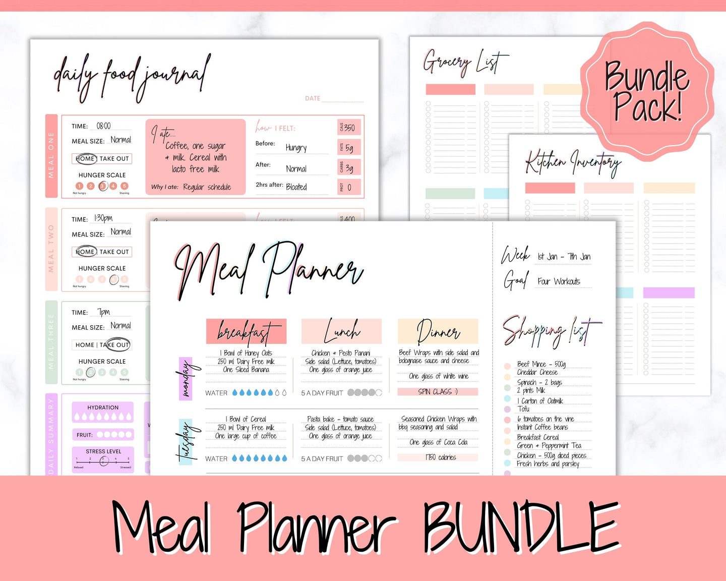 Meal Planner BUNDLE, Colorful Weekly Food Diary, Meal Tracker Printable, Daily Food Journal, Menu Plan, Prep! Grocery, Fitness Diet Wellness | Pastel Bundle 2