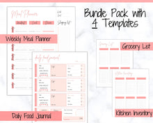 Load image into Gallery viewer, Meal Planner BUNDLE, PINK Weekly Food Diary, Meal Tracker Printable, Daily Food Journal, Menu Plan, Prep! Grocery, Fitness Diet Wellness | Pink Bundle 2
