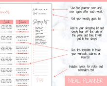 Load image into Gallery viewer, Meal Planner BUNDLE, PINK Weekly Food Diary, Meal Tracker Printable, Daily Food Journal, Menu Plan, Prep! Grocery, Fitness Diet Wellness | Pink Bundle 2
