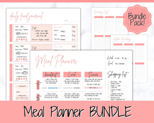 Meal Planner BUNDLE, PINK Weekly Food Diary, Meal Tracker Printable, Daily Food Journal, Menu Plan, Prep! Grocery, Fitness Diet Wellness | Pink Bundle 2
