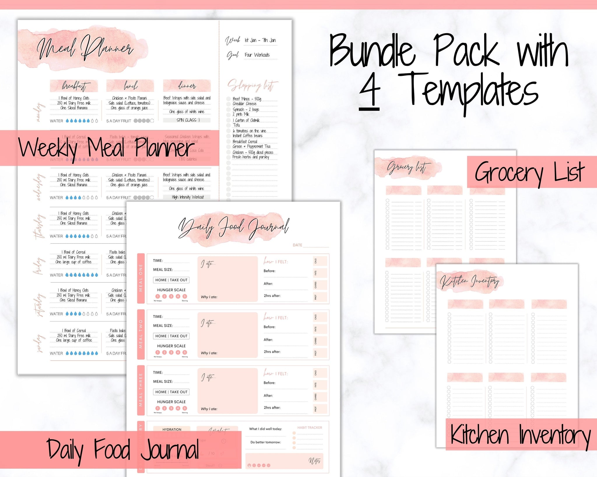 Meal Planner Printable Bundle | Food Diary & Tracker - Watercolor
