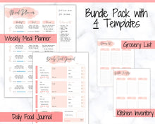 Load image into Gallery viewer, Meal Planner BUNDLE, PINK Weekly Food Diary, Meal Tracker Printable, Daily Food Journal, Menu Plan, Prep! Grocery, Fitness Diet Wellness | Watercolor Bundle 2
