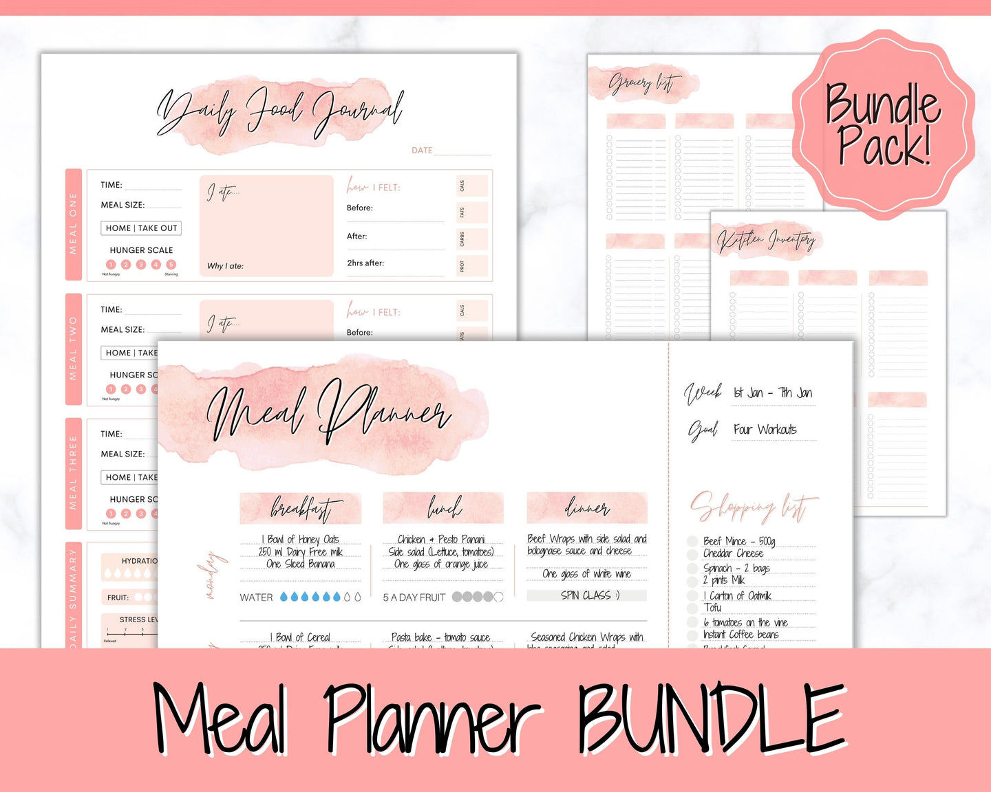 Meal Planner Printable Bundle | GoodNotes Food Journal, Diet Planner Diary, Grocery List | Pink Watercolor