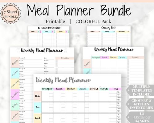 Meal Planner, Food Diary, Fitness Planner with Grocery List. Colorful Weight loss & Food Journal. Weekly meal planner, workout planner, diet | Colorful