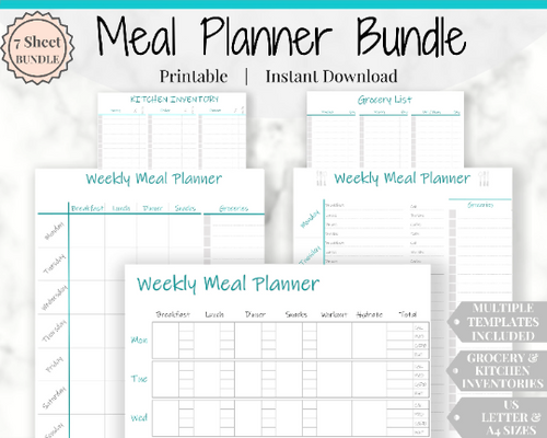 Meal Planner, Food Diary, Fitness Planner with Grocery List. Weight loss & Food Journal. Weekly meal planner, workout planner, diet food log | Blue