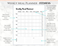 Load image into Gallery viewer, Meal Planner, Food Diary, Fitness Planner with Grocery List. Weight loss &amp; Food Journal. Weekly meal planner, workout planner, diet food log | Style 1
