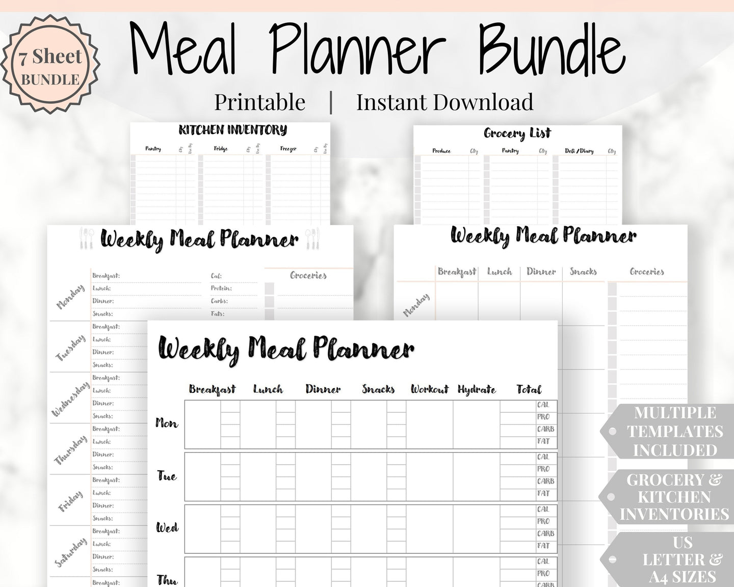 Meal Planner, Food Diary, Fitness Planner with Grocery List. Weight loss & Food Journal. Weekly meal planner, workout planner, diet food log | Style 1