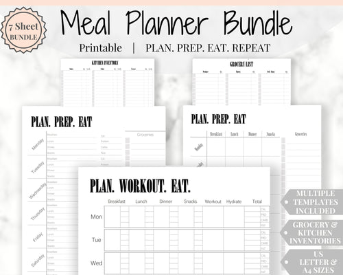 Meal Planner, Food Diary, Fitness Planner with Grocery List. Weight loss & Food Journal. Weekly meal planner, workout planner, diet food log | Style 2