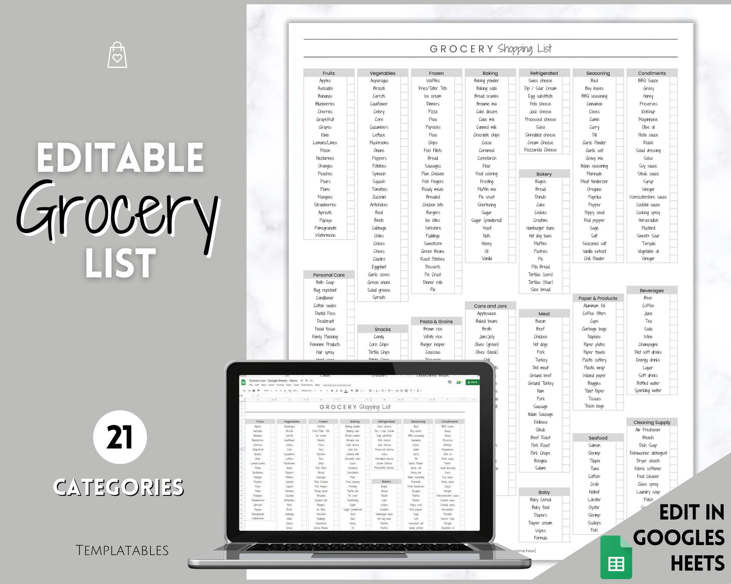 EDITABLE Grocery List Printable | Digital Weekly Shopping, Meal Planner Checklist, Kitchen Organization Template, Google Sheets | Mono