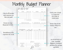 Load image into Gallery viewer, Monthly BUDGET PLANNER Template Printable. Budget Tracker with Expense, Savings, Debt Tracker. Monthly Tracker &amp; Financial Planner Insert
