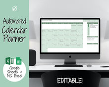 Load image into Gallery viewer, Monthly Calendar Planner Spreadsheet, Automated Template, Google Sheets, Excel, Annual, Editable To Do List, Undated Schedule, Overview - Green
