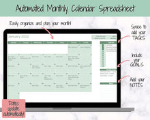 Load image into Gallery viewer, Monthly Calendar Planner Spreadsheet, Automated Template, Google Sheets, Excel, Annual, Editable To Do List, Undated Schedule, Overview - Green
