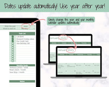 Load image into Gallery viewer, Monthly Calendar Planner Spreadsheet, Automated Template, Google Sheets, Excel, Annual, Editable To Do List, Undated Schedule, Overview - Green
