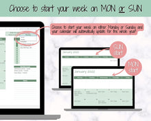 Load image into Gallery viewer, Monthly Calendar Planner Spreadsheet, Automated Template, Google Sheets, Excel, Annual, Editable To Do List, Undated Schedule, Overview - Green
