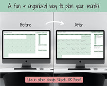 Load image into Gallery viewer, Monthly Calendar Planner Spreadsheet, Automated Template, Google Sheets, Excel, Annual, Editable To Do List, Undated Schedule, Overview - Green
