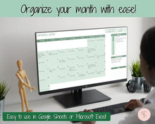 Load image into Gallery viewer, Monthly Calendar Planner Spreadsheet, Automated Template, Google Sheets, Excel, Annual, Editable To Do List, Undated Schedule, Overview - Green
