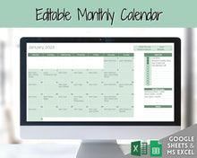 Load image into Gallery viewer, Monthly Calendar Planner Spreadsheet, Automated Template, Google Sheets, Excel, Annual, Editable To Do List, Undated Schedule, Overview - Green
