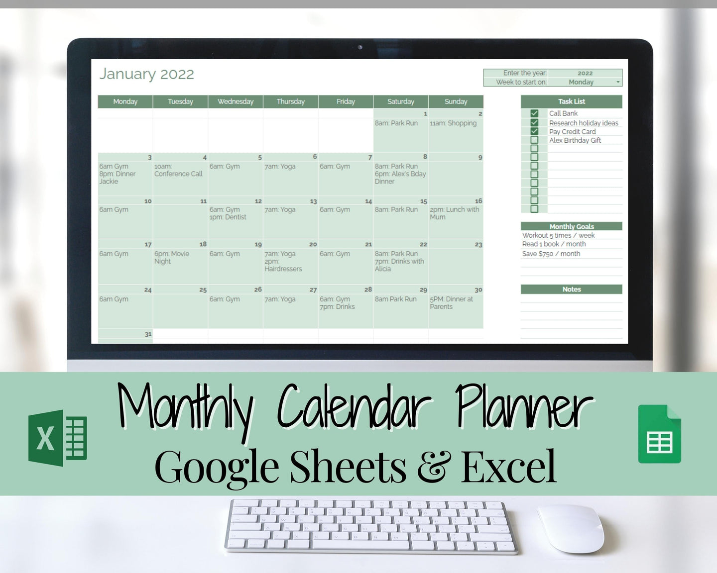Monthly Calendar Planner Spreadsheet, Automated Template, Google Sheets, Excel, Annual, Editable To Do List, Undated Schedule, Overview - Green