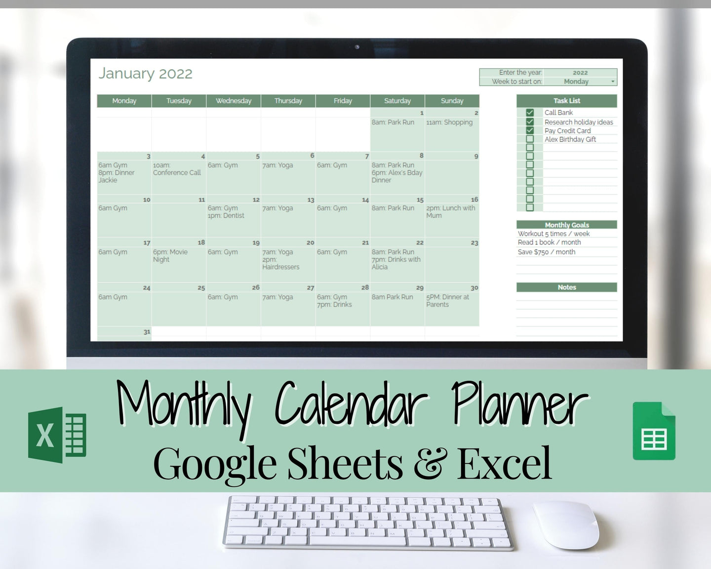 Monthly Calendar Planner Spreadsheet, Automated Template, Google Sheets, Excel, Annual, Editable To Do List, Undated Schedule, Overview - Green