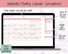 Load image into Gallery viewer, Monthly Calendar Planner Spreadsheet, Automated Template, Google Sheets, Excel, Annual, Editable To Do List, Undated Schedule, Overview - Pink
