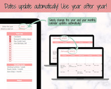 Load image into Gallery viewer, Monthly Calendar Planner Spreadsheet, Automated Template, Google Sheets, Excel, Annual, Editable To Do List, Undated Schedule, Overview - Pink
