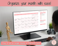 Load image into Gallery viewer, Monthly Calendar Planner Spreadsheet, Automated Template, Google Sheets, Excel, Annual, Editable To Do List, Undated Schedule, Overview - Pink
