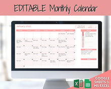 Load image into Gallery viewer, Monthly Calendar Planner Spreadsheet, Automated Template, Google Sheets, Excel, Annual, Editable To Do List, Undated Schedule, Overview - Pink
