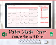 Load image into Gallery viewer, Monthly Calendar Planner Spreadsheet, Automated Template, Google Sheets, Excel, Annual, Editable To Do List, Undated Schedule, Overview - Pink
