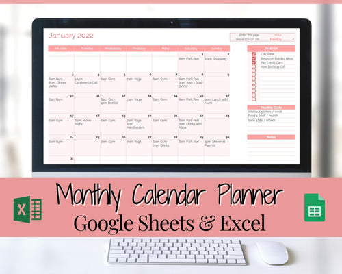 Monthly Calendar Planner Spreadsheet, Automated Template, Google Sheets, Excel, Annual, Editable To Do List, Undated Schedule, Overview - Pink