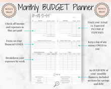 Load image into Gallery viewer, Monthly Expense Tracker Printable, Budget Planner, Budget Template, Financial Planner. Yearly Bill Tracker, Payday Finance, Monthly Expenses
