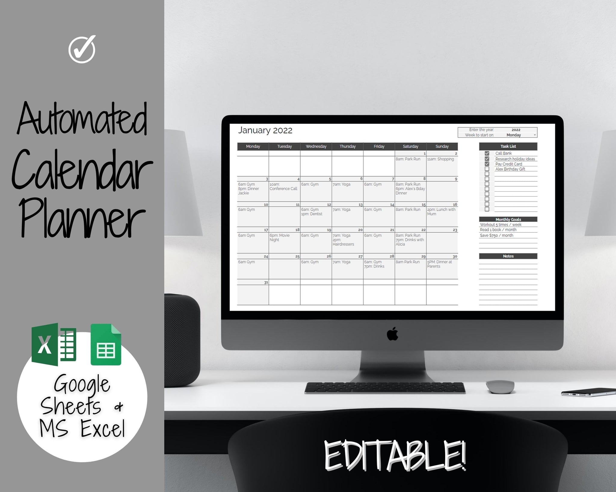Spreadsheet Planner Example Monthly Overview Planner Spreadsheet | Google Sheets & Excel - Mono