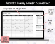 Load image into Gallery viewer, Monthly Overview, Planner Spreadsheet, Automated Calendar Template, Google Sheets, Excel, Annual, Editable To Do List, Undated Schedule - Mono
