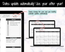Load image into Gallery viewer, Monthly Overview, Planner Spreadsheet, Automated Calendar Template, Google Sheets, Excel, Annual, Editable To Do List, Undated Schedule - Mono
