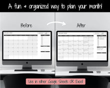 Load image into Gallery viewer, Monthly Overview, Planner Spreadsheet, Automated Calendar Template, Google Sheets, Excel, Annual, Editable To Do List, Undated Schedule - Mono
