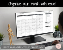 Load image into Gallery viewer, Monthly Overview, Planner Spreadsheet, Automated Calendar Template, Google Sheets, Excel, Annual, Editable To Do List, Undated Schedule - Mono
