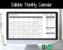 Load image into Gallery viewer, Monthly Overview, Planner Spreadsheet, Automated Calendar Template, Google Sheets, Excel, Annual, Editable To Do List, Undated Schedule - Mono
