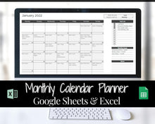 Load image into Gallery viewer, Monthly Overview, Planner Spreadsheet, Automated Calendar Template, Google Sheets, Excel, Annual, Editable To Do List, Undated Schedule - Mono
