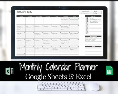 Monthly Overview, Planner Spreadsheet, Automated Calendar Template, Google Sheets, Excel, Annual, Editable To Do List, Undated Schedule - Mono