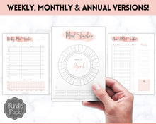 Load image into Gallery viewer, Mood Tracker BUNDLE! Printables, Monthly, Weekly, Annually, Yearly, Circular Mood Chart, Mental health, self care journal, mindfulness | Pink
