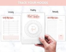 Load image into Gallery viewer, Mood Tracker BUNDLE! Printables, Monthly, Weekly, Annually, Yearly, Circular Mood Chart, Mental health, self care journal, mindfulness | Pink
