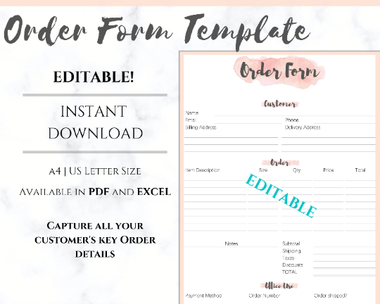ORDER FORM Invoice Template, EDITABLE Custom Receipt Template, Printable Customer Sales Order Invoice, Receipt Form, Edit, Download A4 Pdf | Style 5