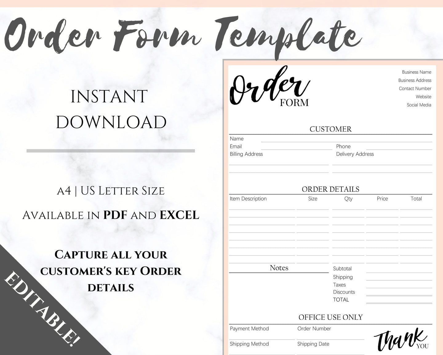 ORDER FORM Invoice Template, EDITABLE Custom Receipt Template, Printable Customer Sales Order Invoice, Receipt Form, Edit, Download A4 Pdf | Style 6