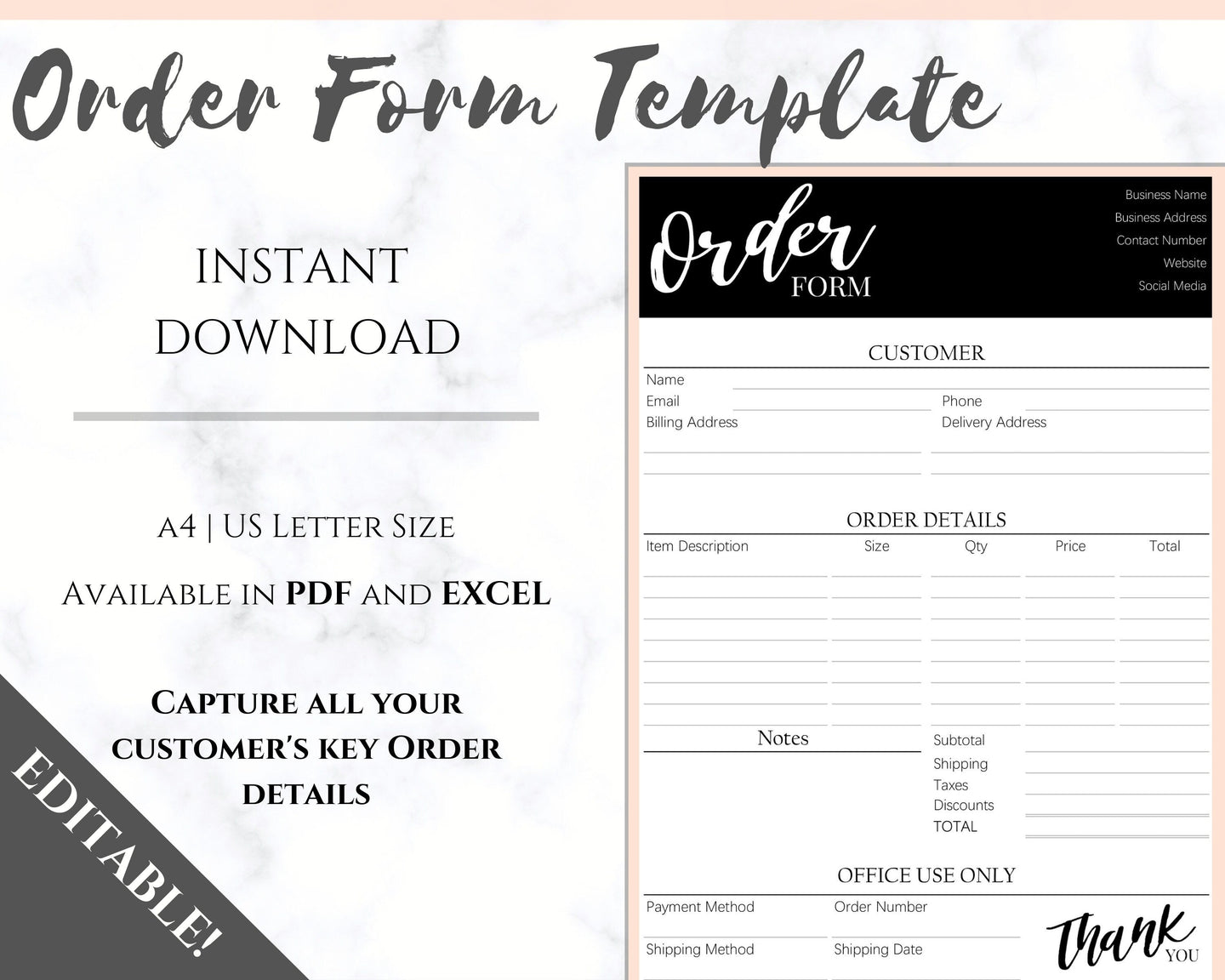 ORDER FORM Invoice Template, EDITABLE Custom Receipt Template, Printable Customer Sales Order Invoice, Receipt Form, Edit, Download A4 Pdf | Style 7
