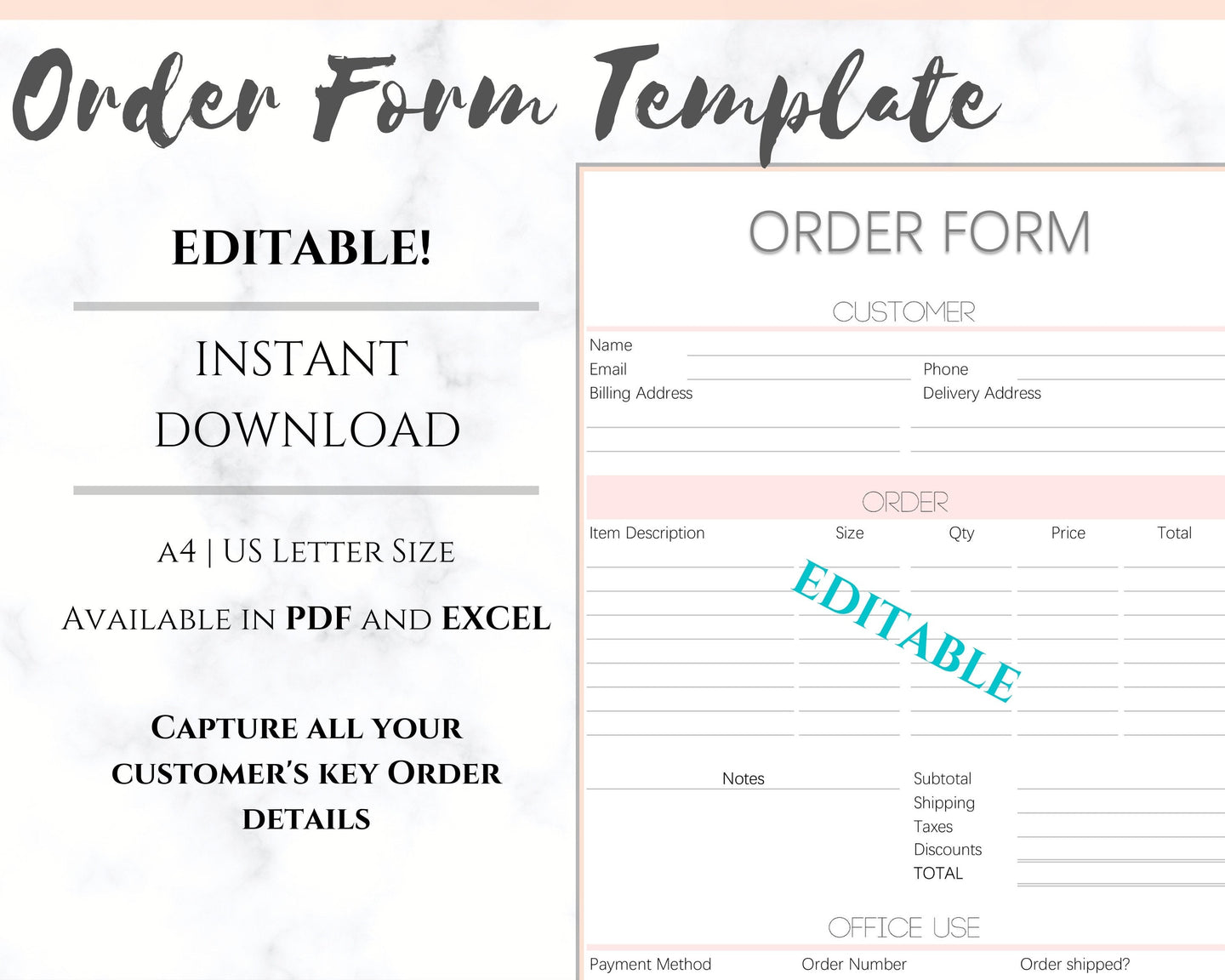 ORDER FORM Invoice Template, EDITABLE Custom Receipt Template, Printable Customer Sales Order Invoice, Receipt Form, Edit & Download | Style 9