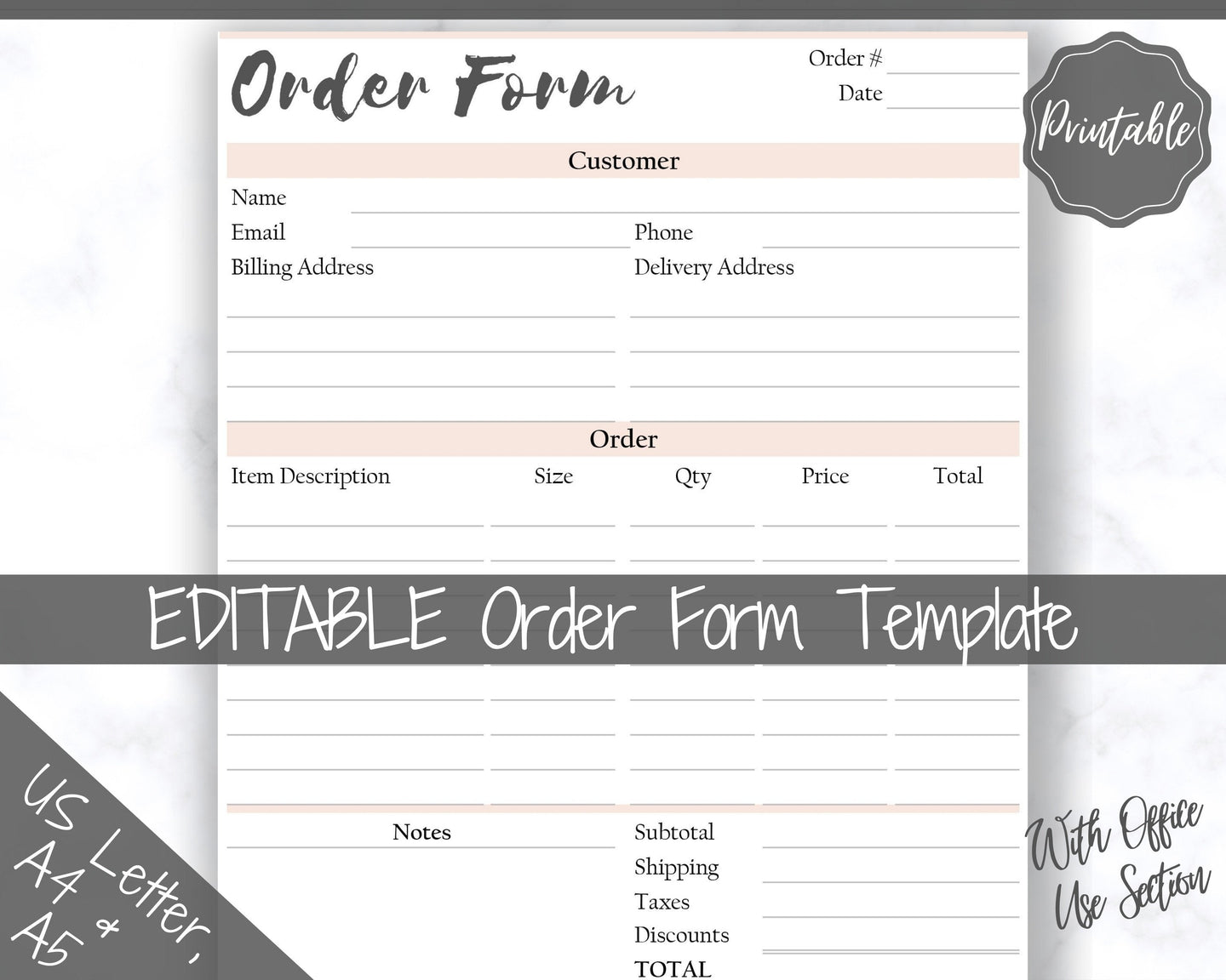Order Form Template. EDITABLE PINK Customer Sales Order Invoice. Printable Invoice. Ordering Form Receipt. PDF Instant Digital Download | Style 3