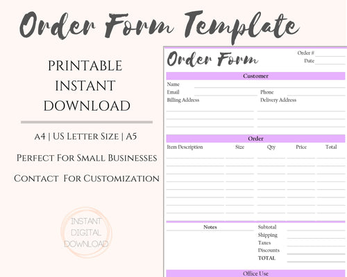 Order Form Template. Printable PURPLE Customer Order Sales Invoice. Printable Invoice. Ordering Form Receipt. PDF Digital Download | Style 2