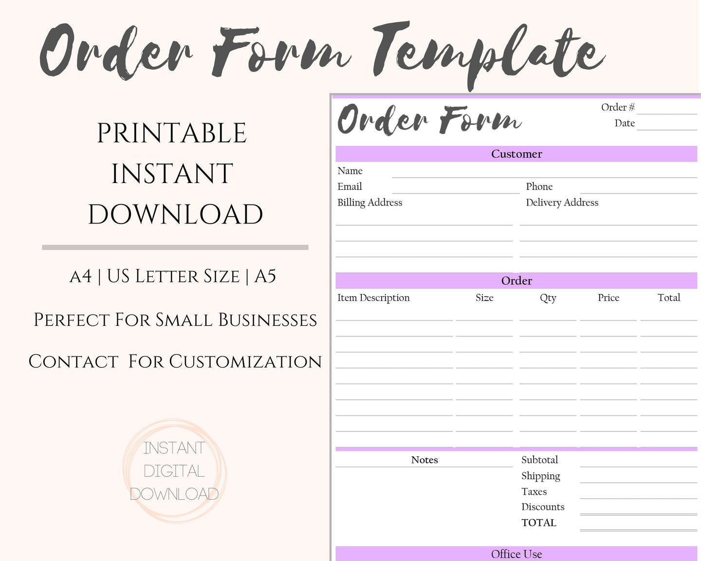 Order Form Template. Printable PURPLE Customer Order Sales Invoice. Printable Invoice. Ordering Form Receipt. PDF Digital Download | Style 2