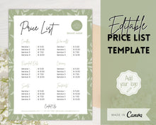 Load image into Gallery viewer, PRICE LIST Template Editable! Price Sheet, Pricing Guide, Hair Salon, Hairdresser, Photography, Beauty, Menu, Make up, Tags, Tumbler, Canva | Style 11
