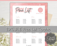 Load image into Gallery viewer, PRICE LIST Template Editable! Price Sheet, Pricing Guide, Hair Salon, Hairdresser, Photography, Beauty, Menu, Make up, Tags, Tumbler, Canva | Style 12
