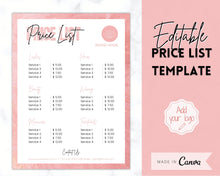 Load image into Gallery viewer, PRICE LIST Template Editable! Price Sheet, Pricing Guide, Hair Salon, Hairdresser, Photography, Beauty, Menu, Make up, Tags, Tumbler, Canva | Style 12
